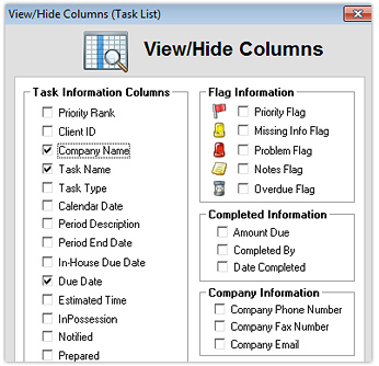 Tasks' - View/Hide Columns