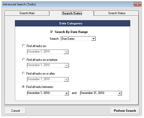 Tasks Search - Search Dates Tab