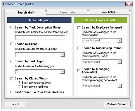 Tasks Search - Search Main Tab