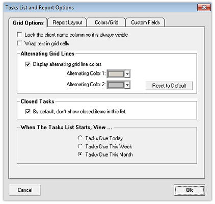 Tasks - Grid Options Tab