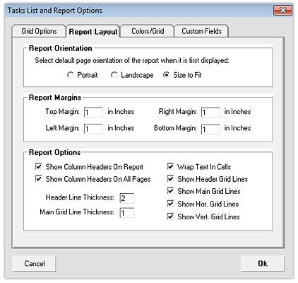 Tasks - Report Options Tab