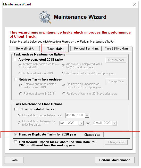 Task Maintenance (Maintenance Wizard)