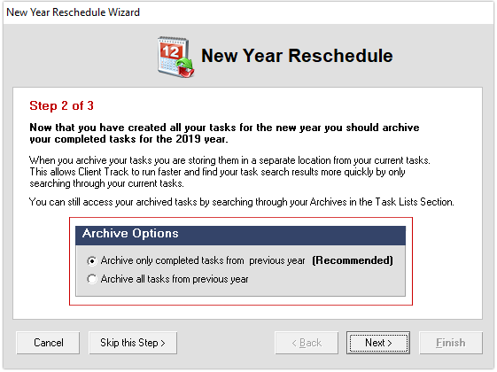 New Year Wizard Screenshot (Archive Options)