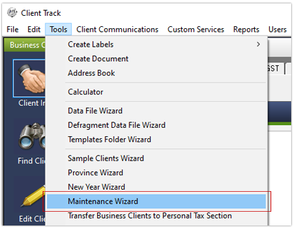 Maintenance Wizard Screenshot (Tools Menu)