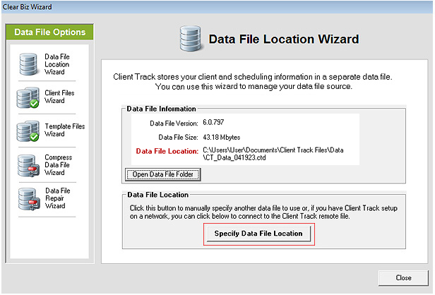 Specify Data File Location Screenshot