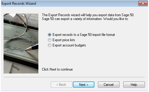 Export Sage 50 Screenshot - Method #1 (Step 2)